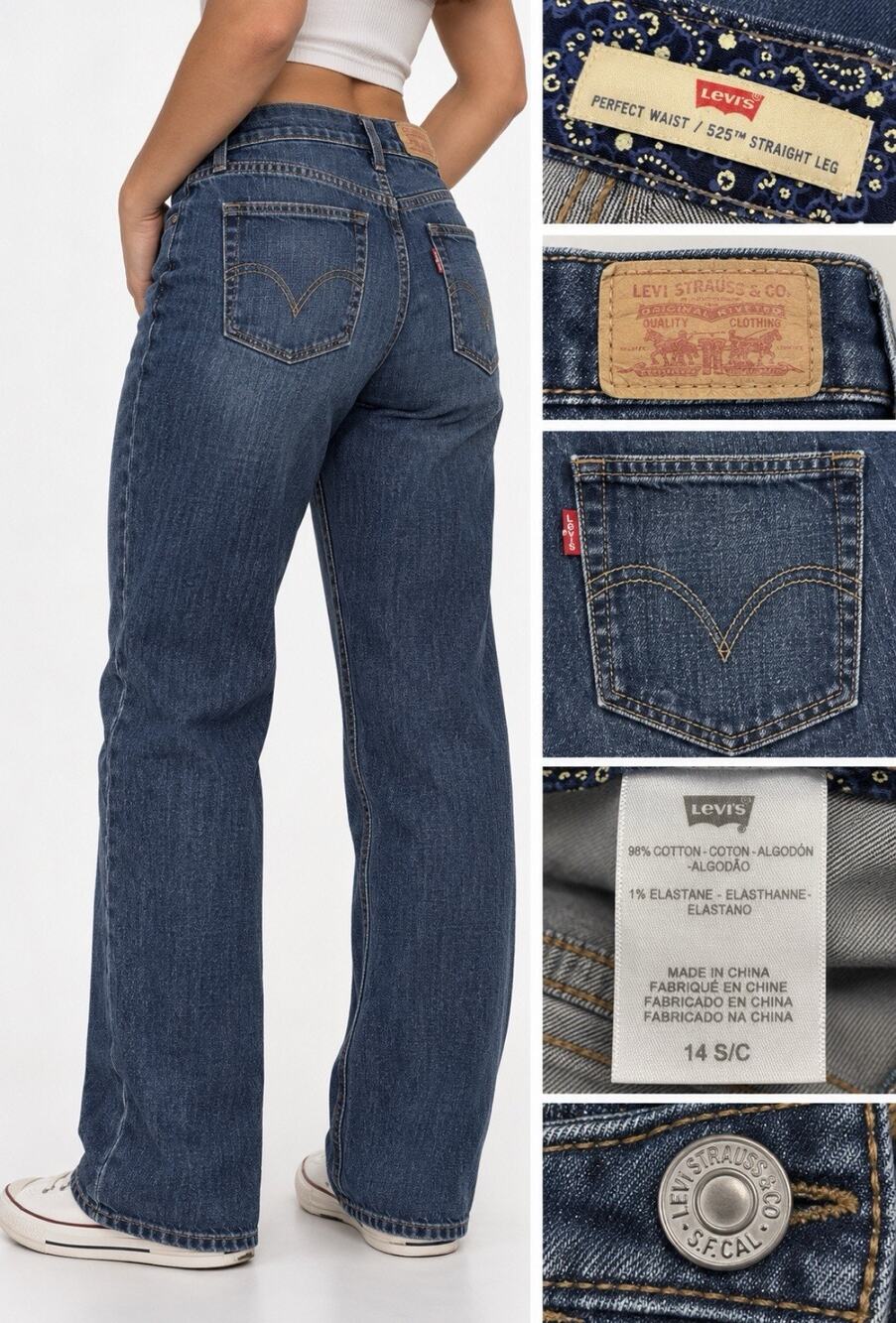 Vtg 2000s Levi's Perfect Waist 525 Straight Leg Jeans Sz 14 Medium Wash Indigo